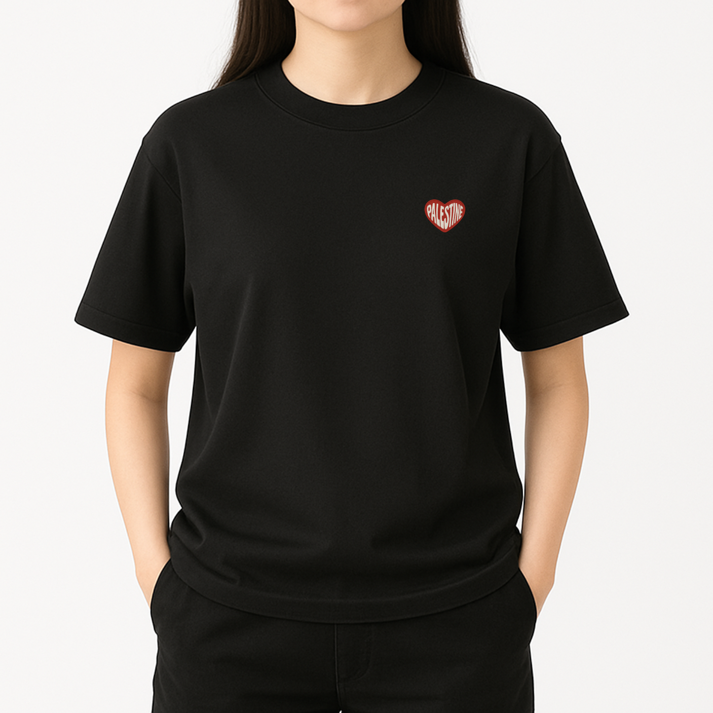 T-shirt oversize Brodé Cœur Rouge & Blanc Palestine – Prévente