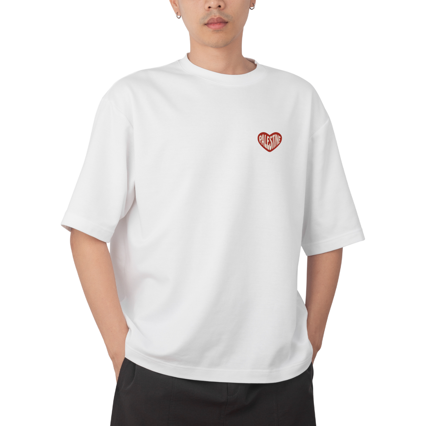 T-shirt oversize Brodé Cœur Rouge & Blanc Palestine – Prévente