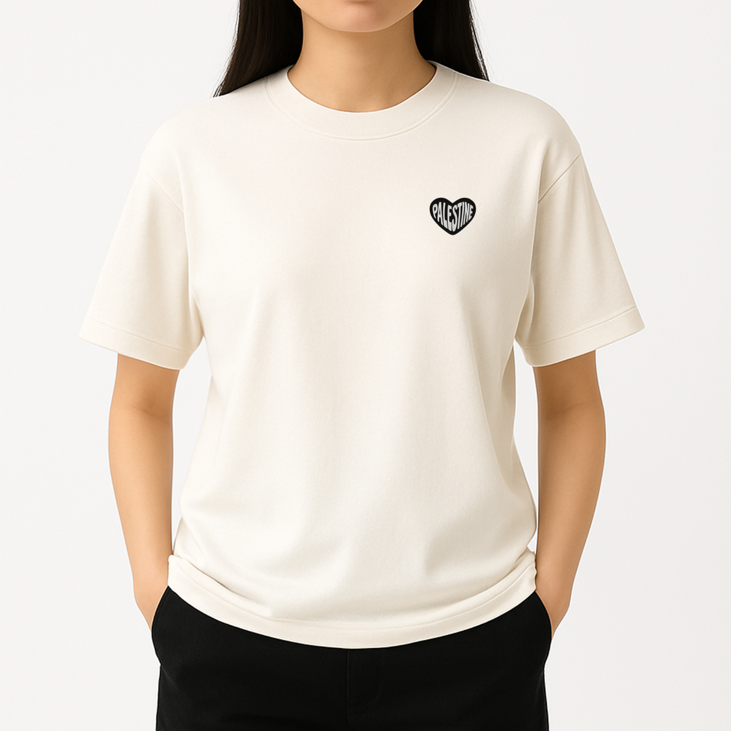 T-shirt oversize Brodé Cœur Noir & Blanc Palestine – Prévente