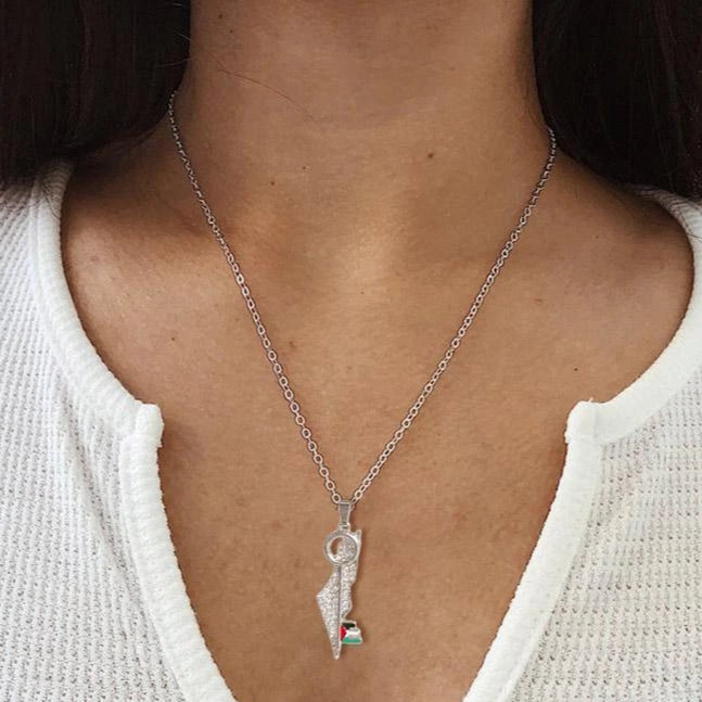 Collier Pendentif Carte Palestine - Acier Inoxydable - Doré Ou Argenté - Chaîne 50 Cm - Bijou Ethnique Hip-Hop - Homme/Femme